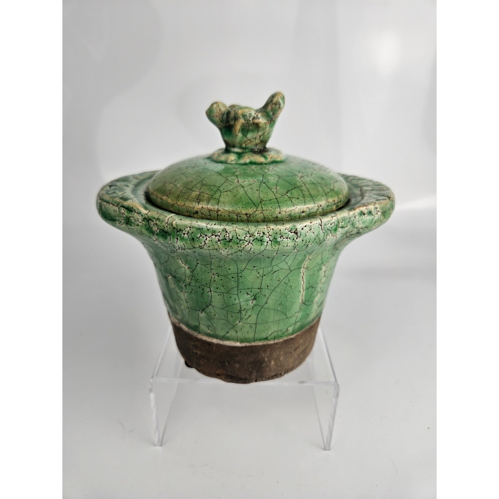 Abigails Green Crackle Glaze Lidded Cachepot Planter‎ Bird Finial Pottery
